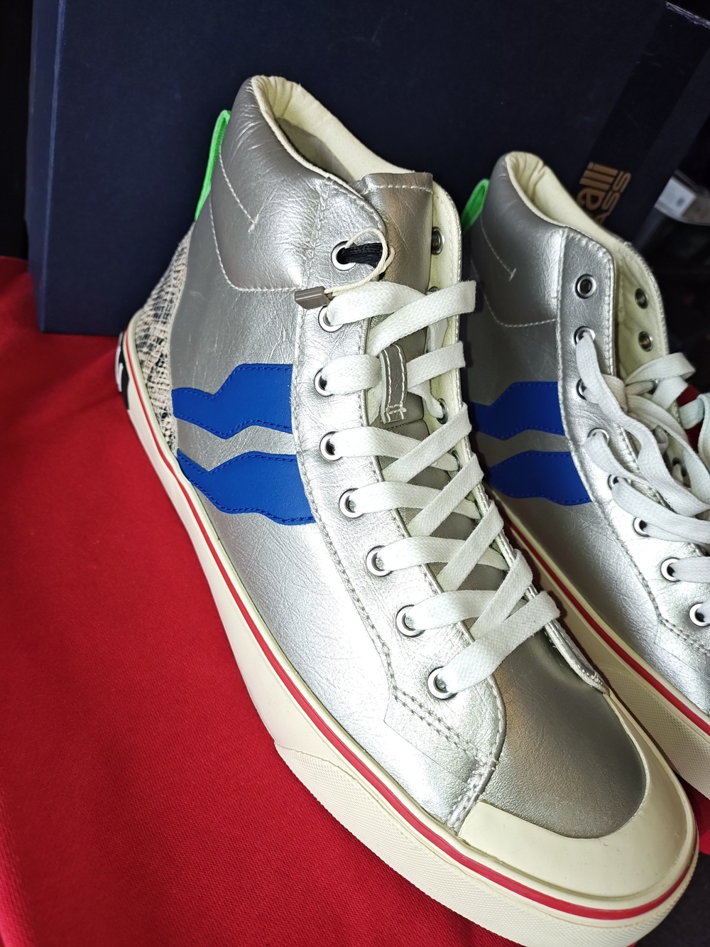 Men's Silver High-Top Sneakers with Blue Accent